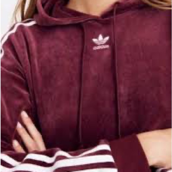 Adidas originals Velour Cropped Hoodie Sweatshirt Burgundy size Small - Picture 3 of 6